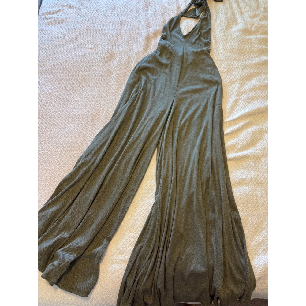 Free People FP Beach Olive Green Ribbed Halter Wide Leg Jumpsuit XS